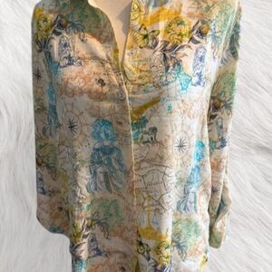 Jane & Delancey Linen Blend button up shirt | map astrology print | NWT small